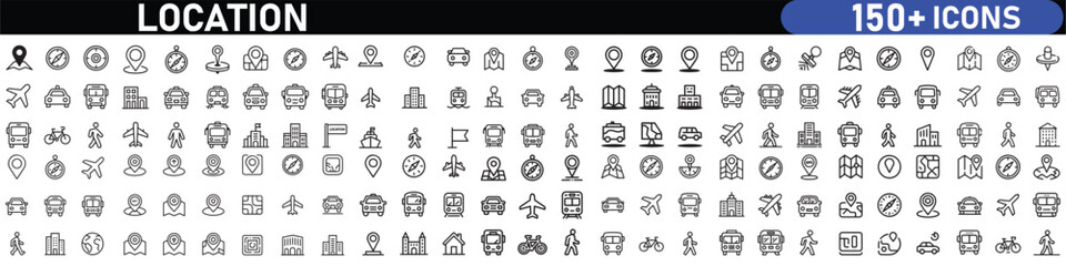 A set of outline icons related to location. Linear icon collection. Editable stroke. Vector illustration. with white background