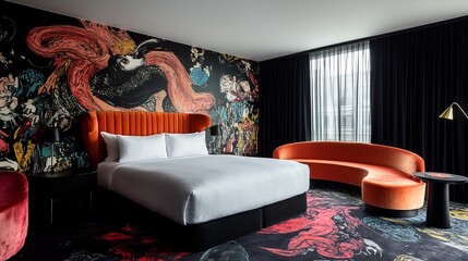 Modern hotel room with bold, colorful art