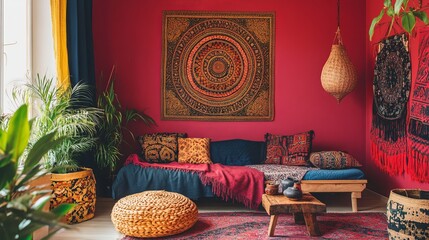 Vibrant boho living room with patterned textiles and plants