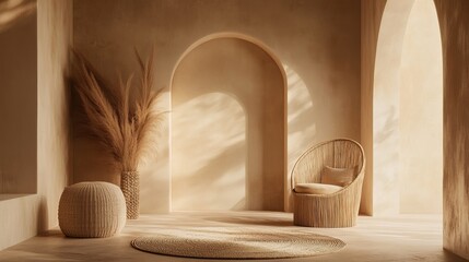 Beige minimalist interior with arches and natural elements