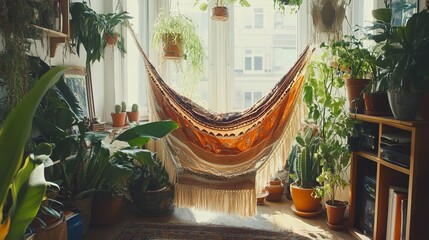 Cozy indoor hammock surrounded by plants. Sunlight streams into a room filled with greenery and a woven hammock