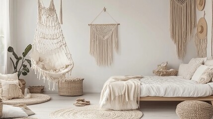 Cozy, boho-chic bedroom with natural tones