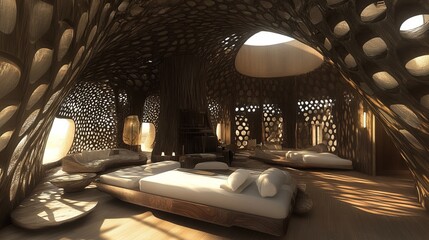 Interior of an organic, biomorphic house with a unique, intricate,  perforated facade