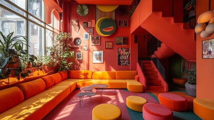 Vibrant interior design with orange and red accents
