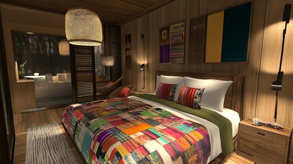Cozy bedroom with a patchwork quilt and warm wooden accents