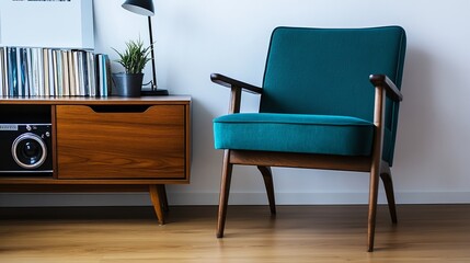 Teal velvet armchair in a modern, mid-century style living room