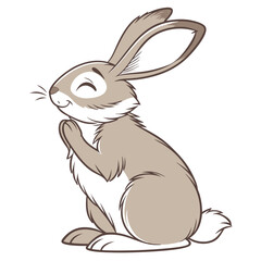 Cartoon Bunny Sitting Upright with Hands Together, Happy Expression, Isolated on White