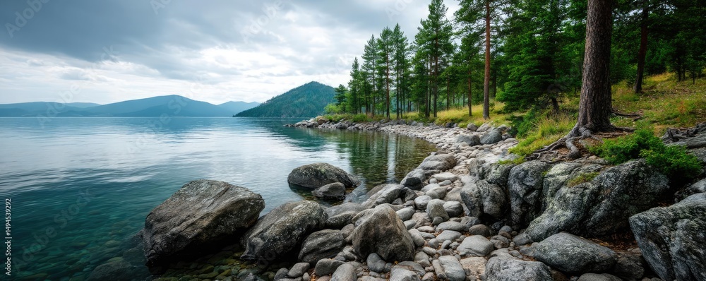 Poster scenic view of lake in pine forest with tree and rock concept. serene lakeside view with rocks, tree