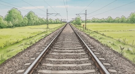 Fototapeta premium Tranquil Railway Line - Serene landscape view of a railway track extending towards a horizon, bordered by lush greenery and fields