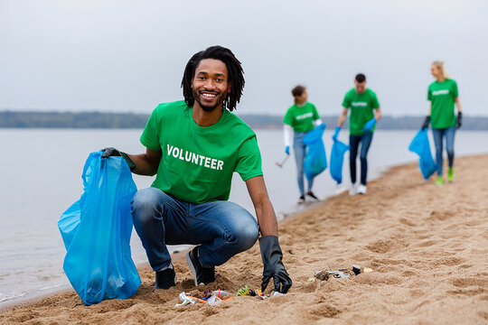 Happy diverse volunteers cleaning up beach pollution