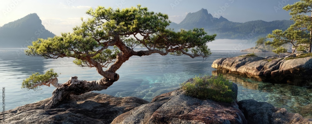 Poster scenic view of lake in pine forest with tree and rock concept. serene landscape with a lone tree by 