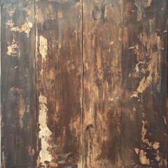 Weathered dark brown wood panel with vertical grain, showing age, damage, and discoloration; some areas reveal lighter, almost beige undertones