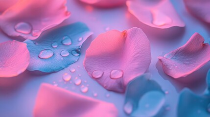 Softly lit pink and blue rose petals scattered on a surface, adorned with glistening water droplets