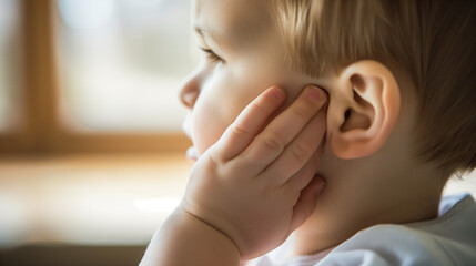 Toddler covering his ears with painful expression in pediatric clinic, concept of childhood illness and earache, child suffering from infection or pain in doctor's office