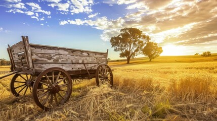 Fototapeta premium Old wooden cart in a golden wheat field under a vibrant sunset sky.