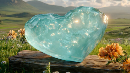 Fototapeta premium Tranquil Heart of Ice: A Symbol of Serene Love in a Blooming Meadow