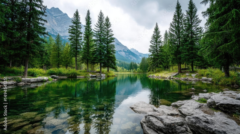 Poster scenic view of lake in pine forest with tree and rock concept. tranquil lake surrounded by lush tree