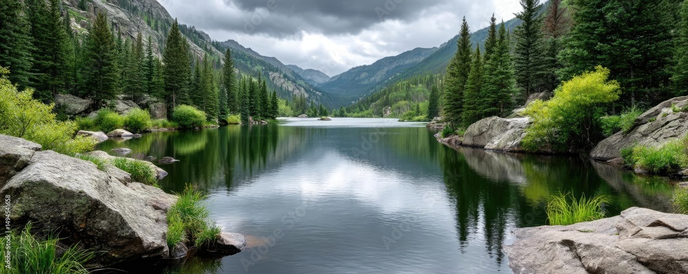Poster scenic view of lake in pine forest with tree and rock concept. serene lake surrounded by mountains a