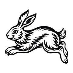 Monochrome Running Hare Illustration, Detailed Black Outline, White Background,