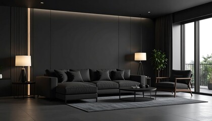 Modern dark living room interior design.