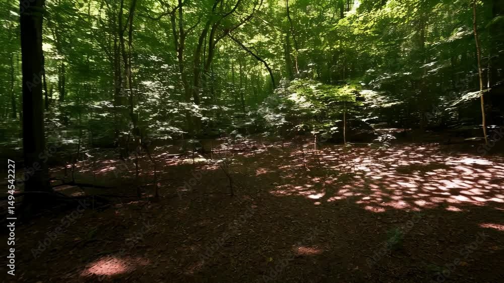 Poster sunlight filtering through green leaves in a dense woodland forest, creating dappled shadows on grou