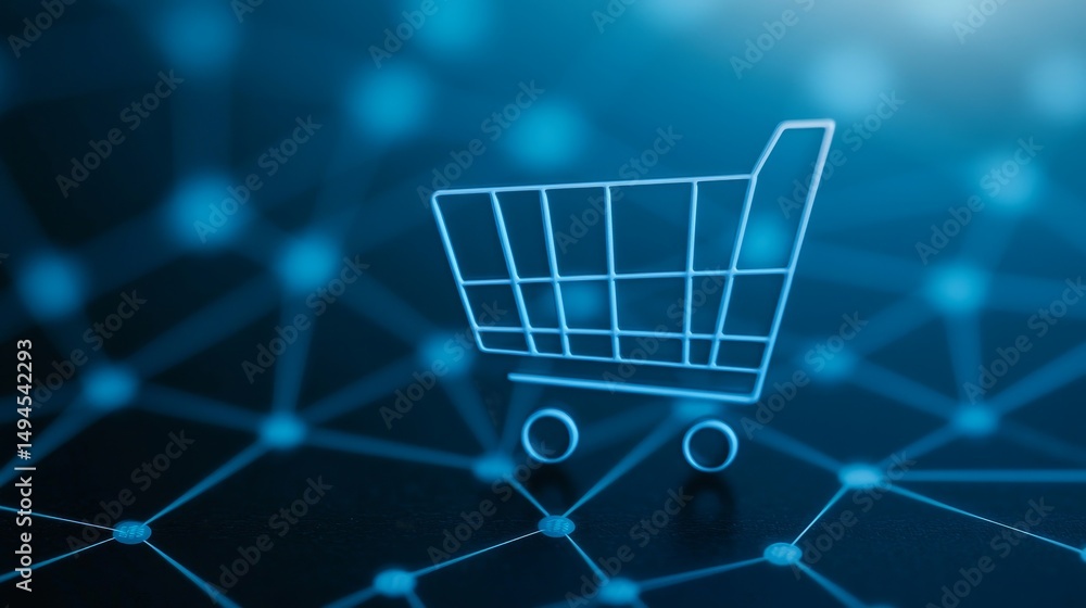 Poster digital shopping cart on a connected network background. creative business ideas for e-commerce netw