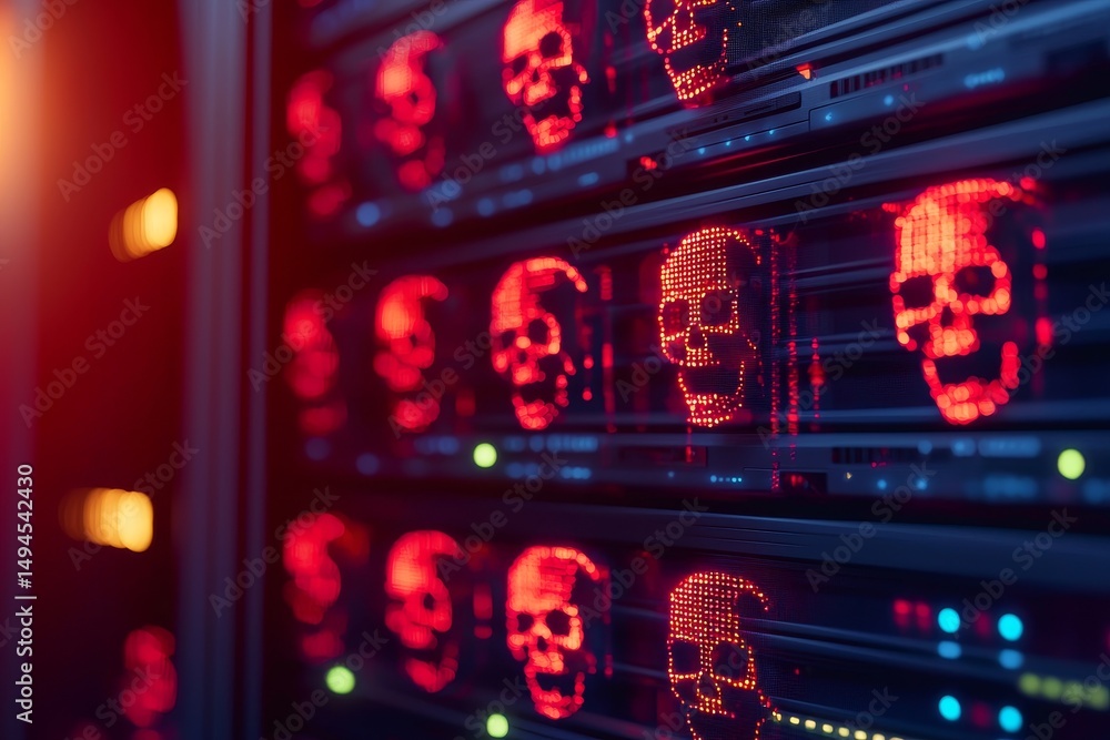 Poster digital skulls on server displays in a futuristic tech setting.