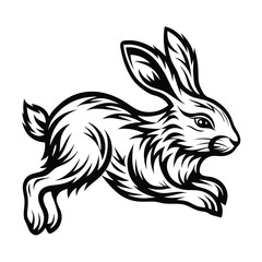 Monochrome Silhouette Leaping Rabbit with Detailed Fur Texture and Energetic Movement