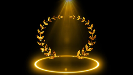 Laurel wreaths award with copy space. Luxury gold light streak. Gold award animation for Sale, Social Networks, Marketing, and scenes. Golden Award wreath Animation. Awards ceremony background