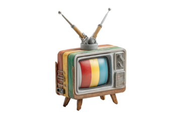 PNG Retro wooden television with rainbow screen and antennas