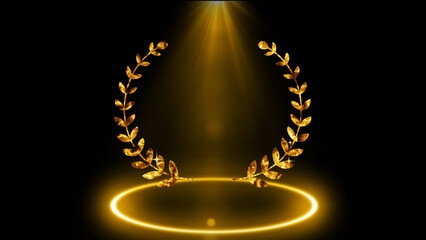 Laurel wreaths award with copy space. Luxury gold light streak. Gold award animation for Sale, Social Networks, Marketing, and scenes. Golden Award wreath Animation. Awards ceremony background