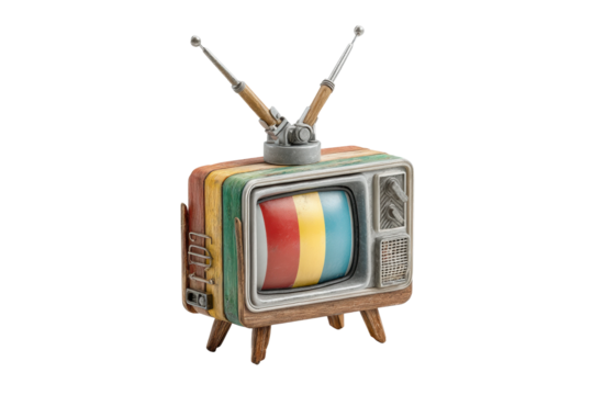 PNG Retro wooden television with rainbow screen and antennas