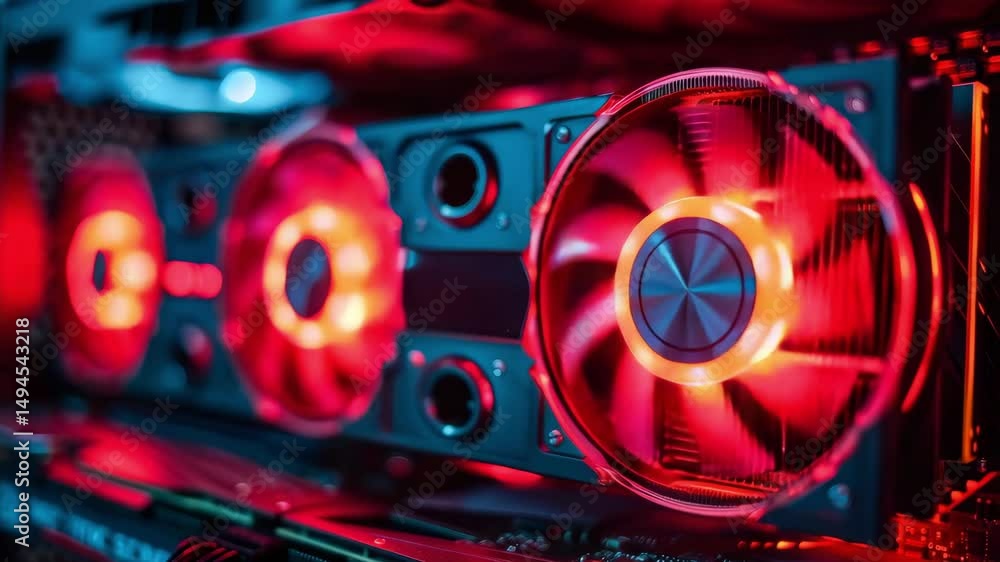 Poster close-up of a high-performance computer graphic card with glowing red fans, highlighting advanced te