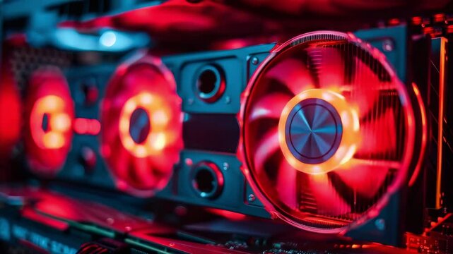 Close-up of a high-performance computer graphic card with glowing red fans, highlighting advanced technology and powerful cooling systems.