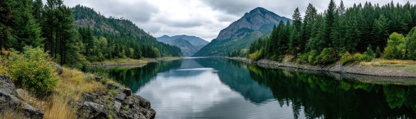 Scenic view of lake in pine forest with water and mountain concept. Scenic view of mountains reflecting in calm lake waters.