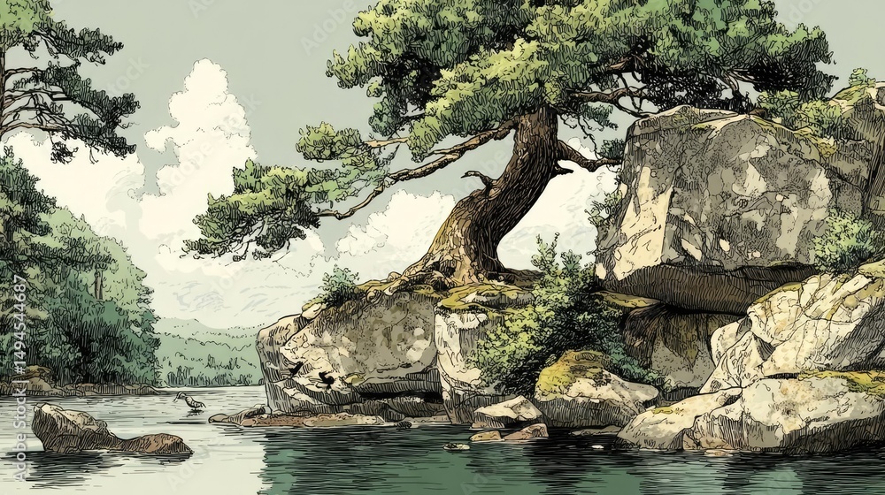 Aufkleber scenic view of lake in pine forest with tree and rock concept. a serene landscape featuring a tree a