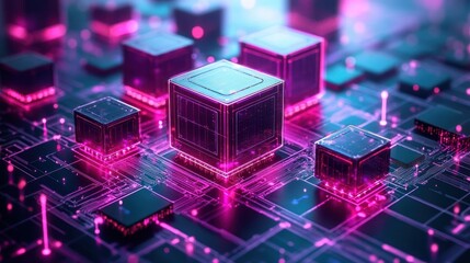 Obraz premium Futuristic glowing cubes on a circuit board.