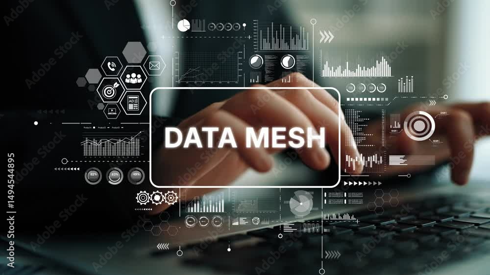 Poster Conceptual visualization of data mesh technology with charts and graphs depicting modern data architecture strategies. Asymptotic smart data analytic.