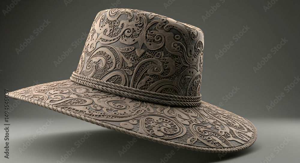 Poster Detailed Pattern Hat Floating on Gray Backdrop