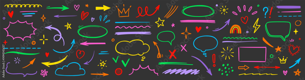 Poster line hand drawn brush marker arrow, heart shape element kid color set. hand drawn sketch marker unde