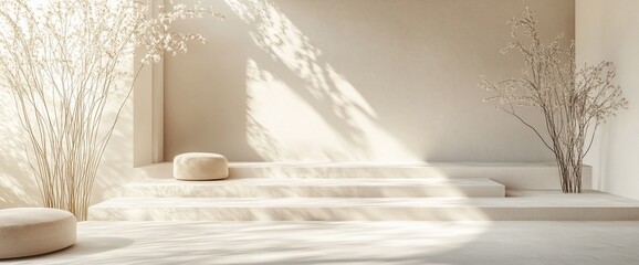 Minimalist Interior with Sunlight, Platforms, Poufs, and Delicate Branches for Serene Ambiance