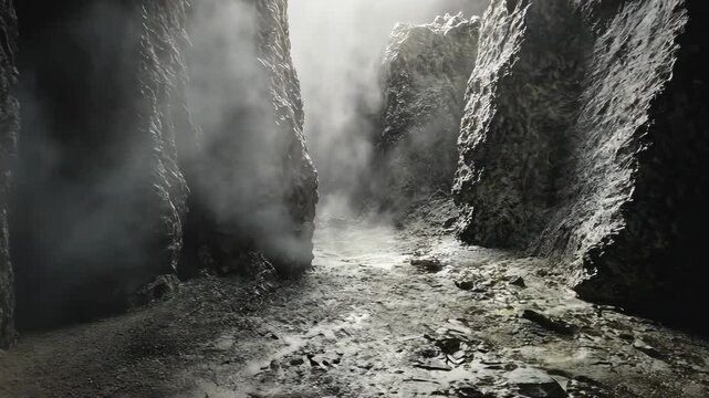 Misty, dark chasm with rough, textured rock walls and a muddy, narrow path