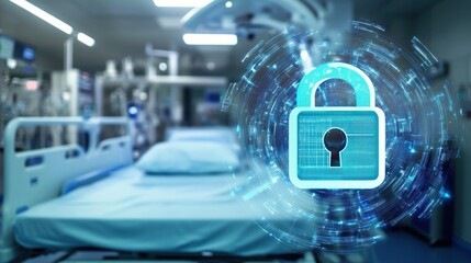 Hospital room with digital padlock, illustrating cybersecurity and data protection in healthcare.
