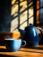 Fototapeta premium A serene scene featuring a blue cup and teapot on a wooden table with soft shadows