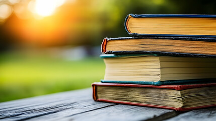 Stack of vintage books resting on a wooden table in a serene outdoor setting
