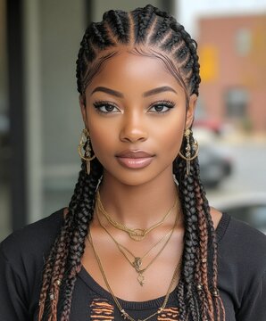 Elegant Woman with Cornrow Braids Posing in City Portrait