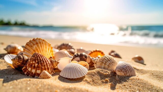 Seashells On Sandy Beach At Sunrise