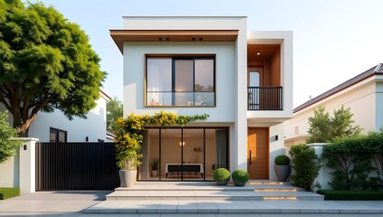 Contemporary Architecture with Balcony and Glowing Interior Lights
