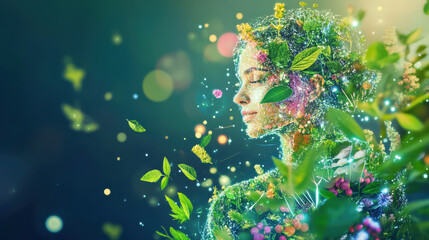Nature's Embrace: A serene female figure, intertwined with vibrant flora, embodies the harmony of nature, with a dreamy aura evoking tranquility and rejuvenation. 