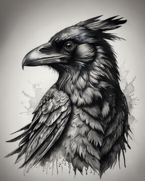 Intricate black and white ink drawing of a majestic raven with detailed feathers and dynamic splatter effects